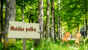 Kuvituskuva: kuvassa koivumetsä jossa kaksi piirrettyä hahmoa kävelevät yhdessä.